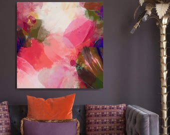 Mood Swing Abstract Fine Art Print, Contemporary Red Accents, Olive Green Floral Wall Art, UK Artist