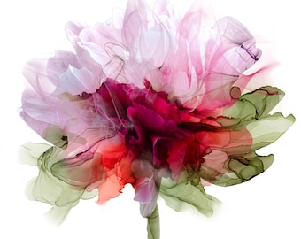 Pink Ink Peony Flower Fine Art Print, Olive Green Abstract Wall Art