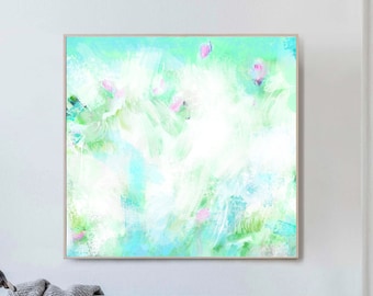 Opal Mint Fine Art Print, Pale Teal Green Floral Art,  Soft Pink Petals, White Interior, Large Wall Decor, UK