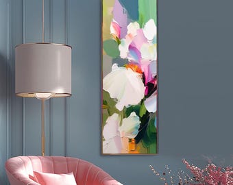 White Lily Abstract Fine Art Print, Long Vertical Canvas Print, Gold Leaf Embellished Wall Art, UK artist