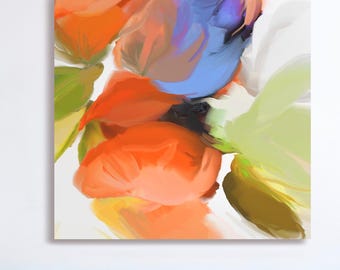 Orange Zen Abstract Fine Art Print, Floral Wall Art, Blue Flower Canvas Print, Olive Green  Art, UK artist