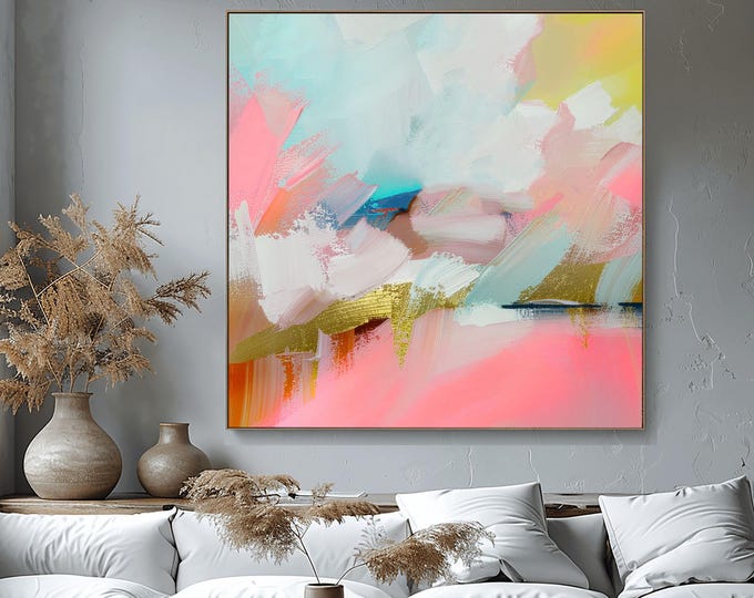 Amber Coral Gold Leaf Abstract Print: Blush Pink Wall Art Decor