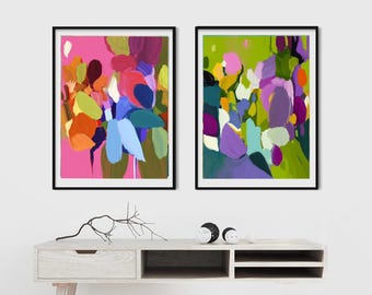 Lime & Pink Set of 2 Abstract Floral Prints: Teal Green Wall Art, Interior Design, UK Artist