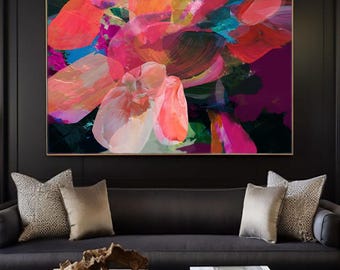 Orange Jewel Floral Abstract Print, Bright Colourful Modern Wall Art, Bright Pink  Painting, Flower Canvas Print, UK artist