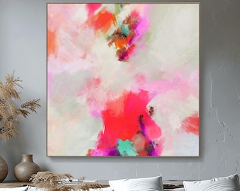 Coral Beach Abstract Print, Gold Leaf Embellished Canvas, Pink Wall Art