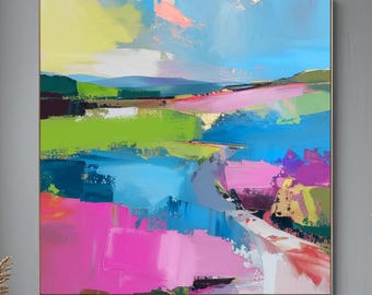 Blue Sky Abstract Paper Print, Pink & Gold Leaf, 16x16" Wall Art
