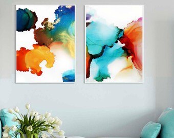 Abstract Art Prints, Orange and Aqua Blue Ink Painting, Teal Interior Design, Wall Decor