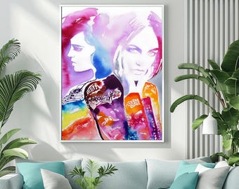 Fashion Illustration Art Print: Pink Hairdo Models, Bright Orange Abstract