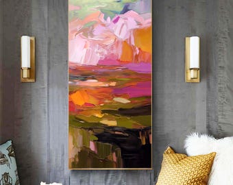 Olive & Coral Abstract Fine Art Print, Unique Bright Orange Vertical Print, Colorful  Wall Art, UK