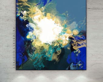 Teal Gold Abstract Fine Art Print, Bright Colourful Wall Decor, Blue Green Ink Painting Art, Deep Indigo, UK Artist