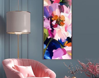 Bright Pink Floral Abstract Print:  Narrow Canvas, Coral Blush Vertical Wall Art