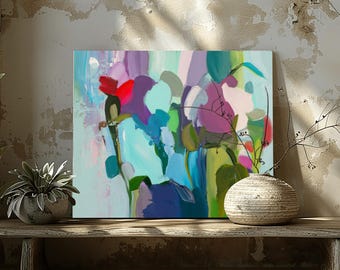 Teal Floral Abstract Art Print: Turquoise Flower Wall Art