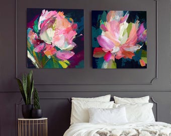 Sheer Pink Roses Art Print Set, Large Abstract Floral Set, Bright Pink Wall Art for Home Decor, Lime Green, Teal, UK artist