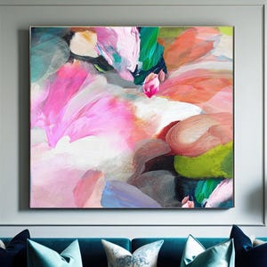 Coastal Floral Abstract Fine Art Print, Light Teal Blue Contemporary Living room Wall Art, Pastel Pink, UK artist
