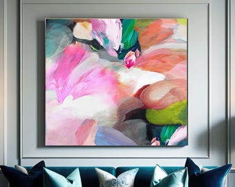 Coastal Floral Abstract Fine Art Print, Light Teal Blue Contemporary Living room Wall Art, Pastel Pink, UK artist