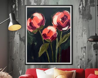 Coral Peony Still Life Abstract Art Print: Rose Pink Floral, Eclectic Wall Decor,