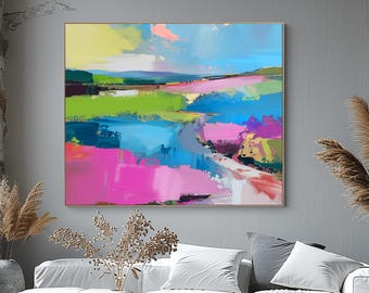 Blue Sky Textured Abstract Art Print: Bright Pink Home Decor, Gold Leaf, UK Artist