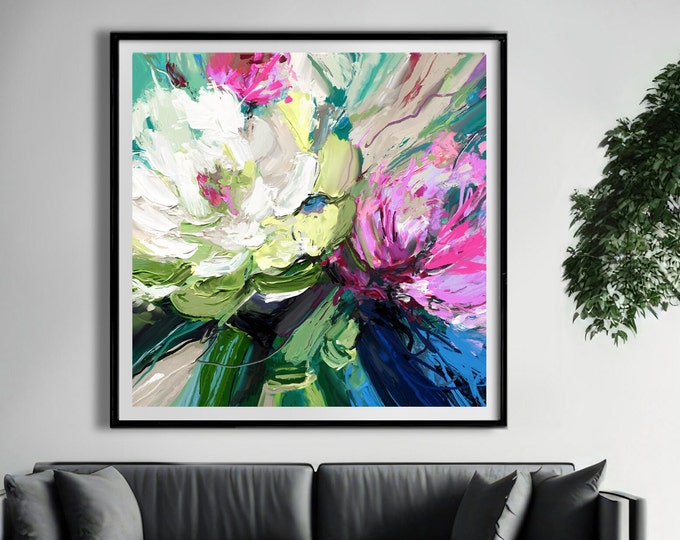 Lime Pink Abstract Floral Art Print: White Flower Wall Decor