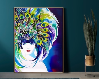 Art Deco Fashion Illustration Art Print, Flapper 1920s Decor Wall Art,  Blue Peacock Headdress, Hair Salon Canvas Art