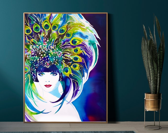 Fashion Illustration Art Print, 1920s Blue Peacock Headdress, Art Deco