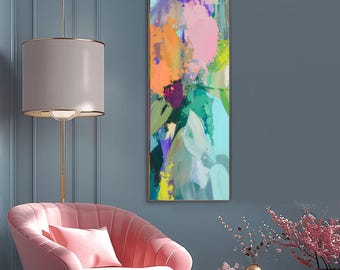 Pink Lily Abstract Fine Art Print, Narrow Canvas, Orange Accents, Light Teal Decor, Sage Green Vertical Wall Art UK
