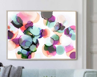 Blush Pink and Duck Egg Abstract Fine Art Print, Soft Grey Wall Decor, Modern Bright Bubble Art UK