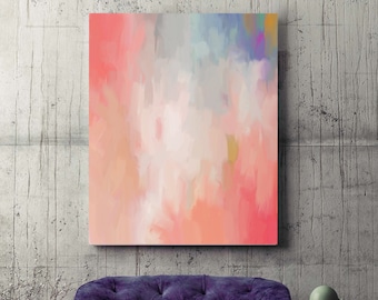 Peach & Violet Abstract Canvas Art Print, Coral Accents, impressionist arts, Soft Pastel Cream Interior Design, UK Artist