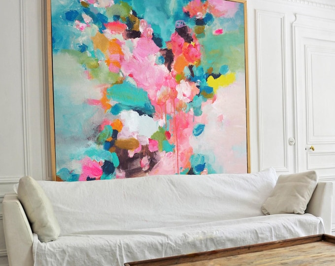 Coral Blossoms Art Print: Abstract Mint Green Home Decor