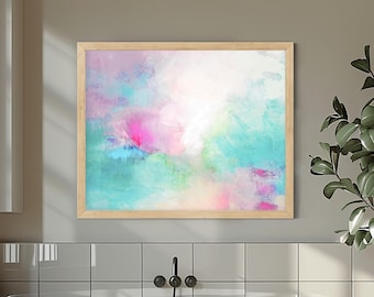 White Mint Abstract Art Print: Pale Pink Teal Wall Art