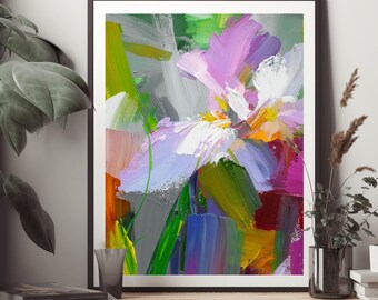 Bright Green Abstract Fine Art Print, Pale Pink Floral Wall Art, Teal Blue, Yellow Decor, White Accents, UK artist