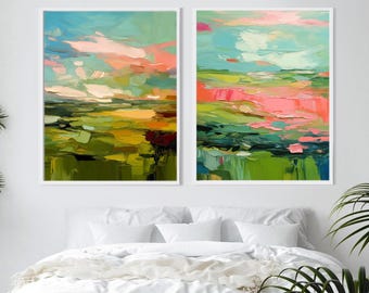 Olive Green Abstract Fine Art Print Set, Teal Blue Sky Interior Decor, Coral Peach Pink Wall Art, UK Artist