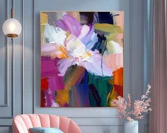 Magenta Floral Abstract Fine Art Print, Indigo Wall Art, Teal Green Decor, Light Pink  Accents, UK artist