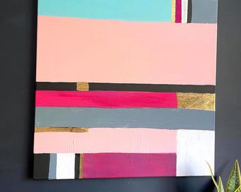 Pink and Black Abstract Painting: Modern Skyline Embellished with Gold Leaf, 24x24"