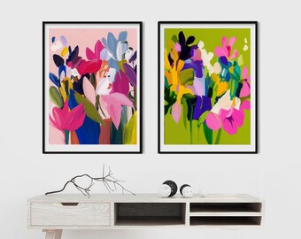 Chartreuse & Cerise Set of 2 Abstract Prints: Bright Colourful Wall Art for Home Decor