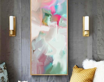 Summer Mint Floral Abstract Art Print, Long Narrow Canvas, Bright Pink Accents, Soft Mauve Decor, Wall Art, UK