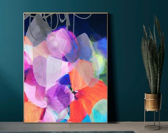 Indigo Violets Floral Abstract Art Print, Large Flower Canvas, Purple Wall Art, UK Artist