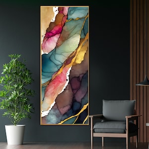 Rose Quartz Abstract Fine Art Print, Tall Narrow Canvas, Plum Interior Design, Gold Leaf Embellished Art, UK artist