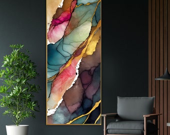 SALE Rose Quartz Abstract Canvas Print, 20x40" Narrow Plum Art Print, Interior Design, Gold Leaf Embellished Art, UK artist