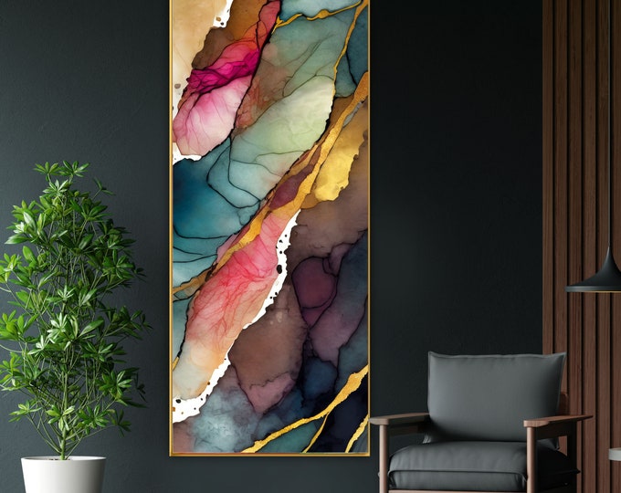 Plum Quartz Abstract Art Print, Gold Leaf Embellished, Tall Canvas