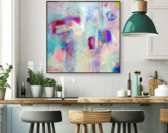 Embellished Pink Vervain Abstract Fine Art Print, Teal Green Modern Wall Art, Dark Magenta Gold Leaf, UK artist