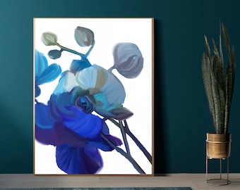 Indigo Orchid Fine Art Print, Abstract Floral, Large Modern Blue Flower, Expressionist Canvas Wall Art, UK artist