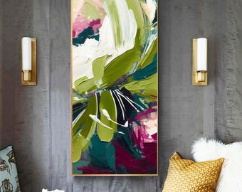 SALE Olive and Plum Abstract Floral Canvas Print, 20x40" Long Vertical Canvas, Magenta Accents, Narrow Wall Art, UK Artist