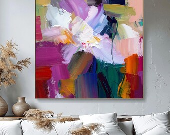 Magenta Floral Abstract Fine Art Print, Indigo Wall Art, Teal Green Decor, Light Pink  Accents, UK artist
