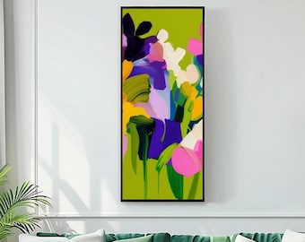 Lime Floral Abstract Print:  Narrow Pink Wall Art, Long Textured Canvas, UK artist