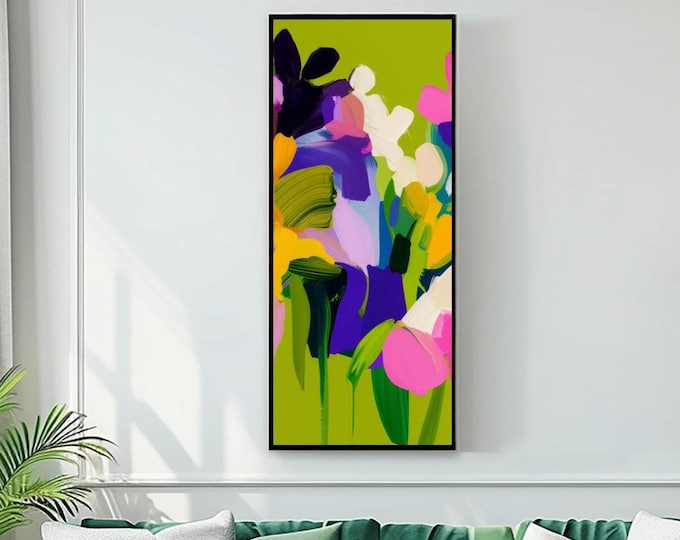 Featured listing image: Lime Floral Abstract Print:  Narrow Pink Wall Art, Long Textured Canvas, UK artist