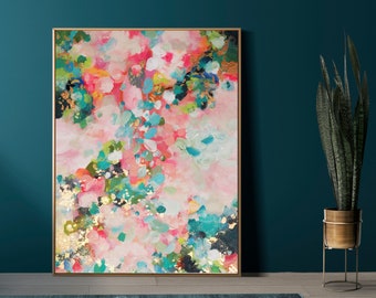 Embellished Rose Gold Confetti Floral Abstract Fine Art Print, Colourful Canvas, Light Green Interior Design, UK Artist