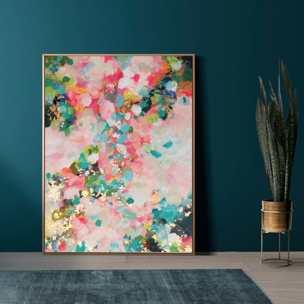 Embellished Rose Gold Confetti Floral Abstract Fine Art Print, Colourful Canvas, Light Green Interior Design, UK Artist