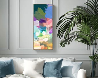 Sky Blue Floral Abstract Fine Art Print, Narrow Canvas, Soft Pink Accents, Teal Decor, Olive Green Leaves, Vertical Wall Art, UK artist