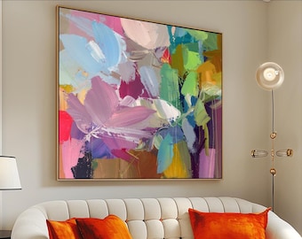 Seafoam Blue Abstract Fine Art Print, Teal Green Floral, Colourful Canvas Wall Art, Plum Red Accents UK artist