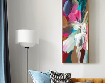 Magenta Floral Abstract Fine Art Print, Narrow Canvas, Hot Pink Accents, Dark Teal Decor, Seafoam Green Vertical Wall Art, UK